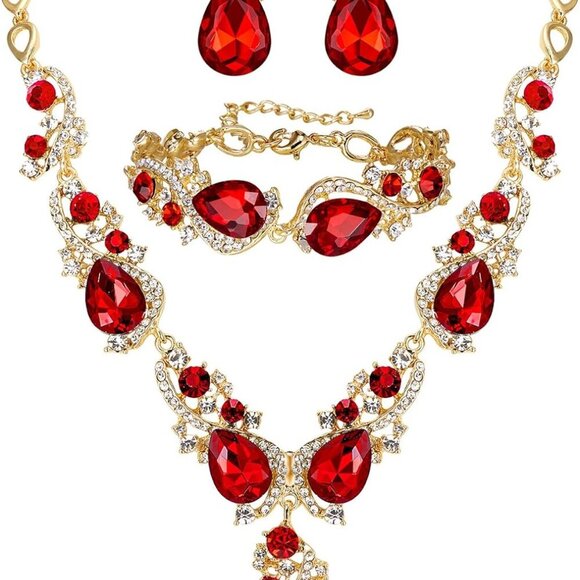 Wedding Jewelry Set Crystal Teardrop Necklace Earrings Bracelet Women